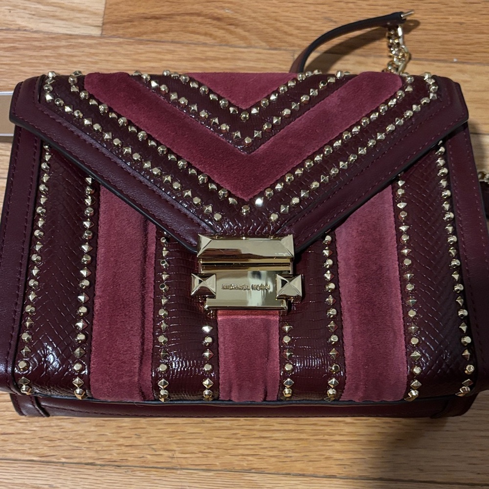 Michael Kors Maroon and Gold Studded Crossbody Bag